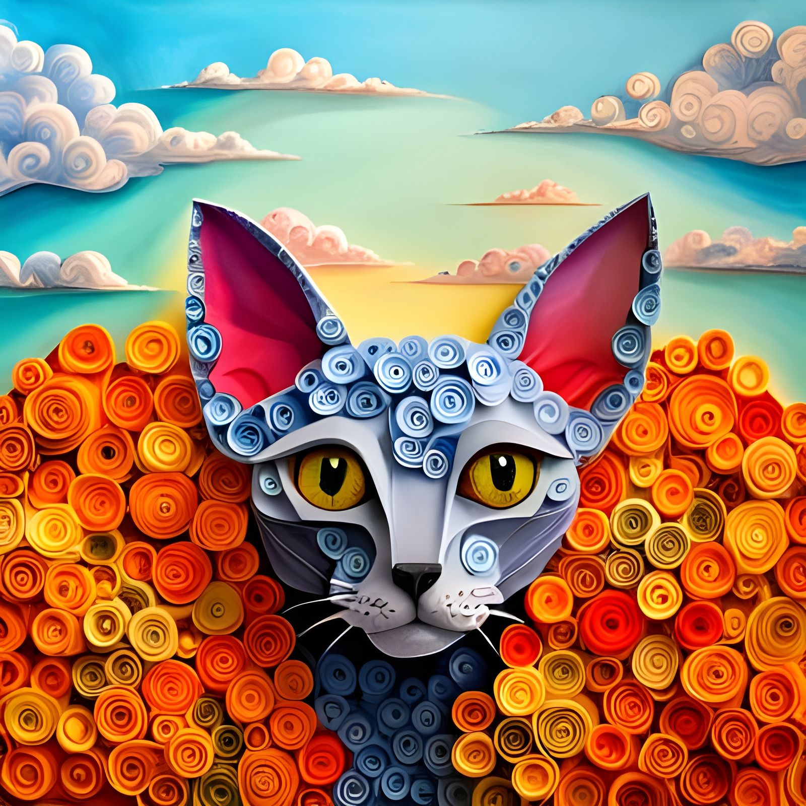Hairless Cat Paper Sculpture in Spring Flowers