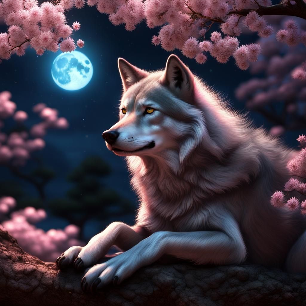 Wolf and Sakura Tree in Photorealistic CGI