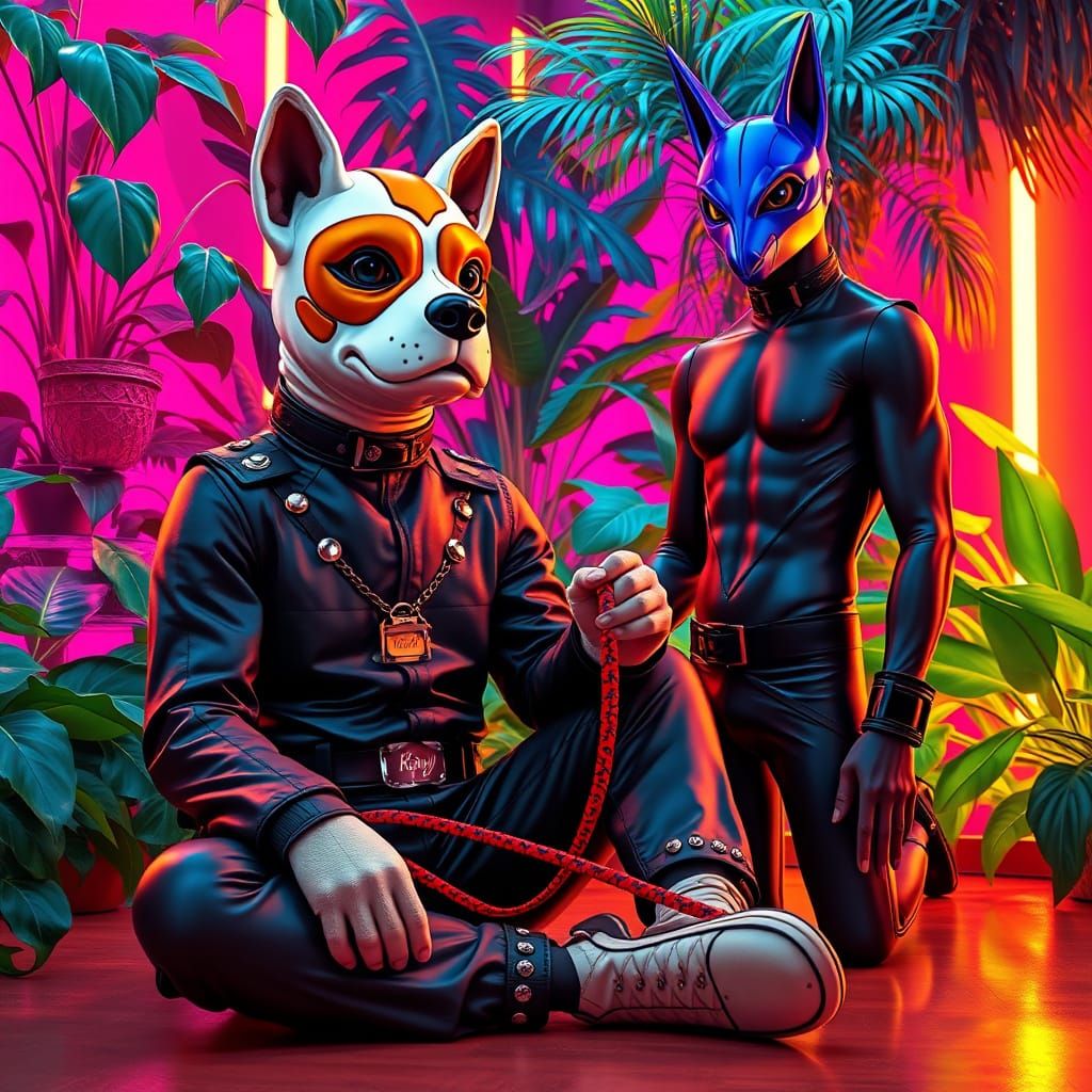 Man in Bold King Pup Mask Surrounded by Neon Lights and Gree...