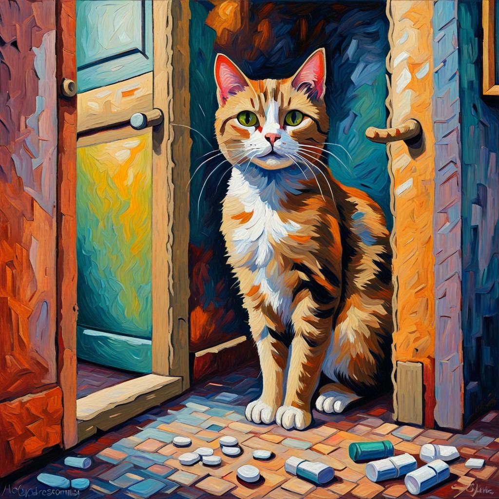 Cat in a Drug Den: Neo-Impressionist Oil Painting