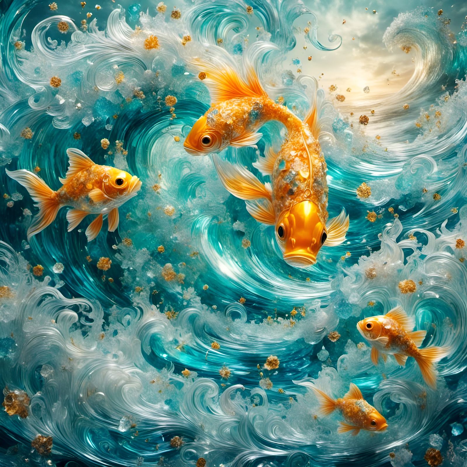 Goldfish on Wave Crest in Art Fantasy Style