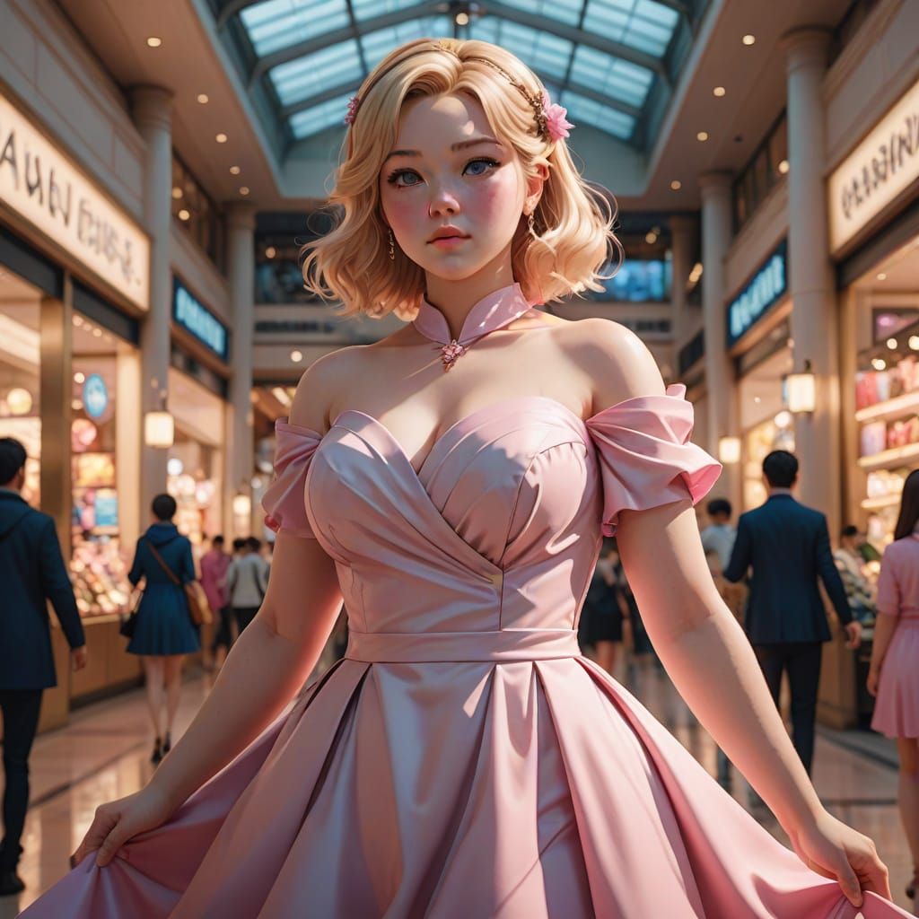 Stunning 3D Anime Art of a Plus-Sized Blonde in a Busy Mall