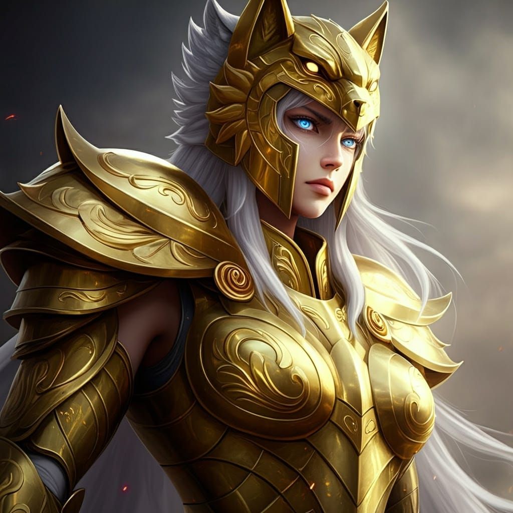 Epic Female Saint in Golden Wolf Armor