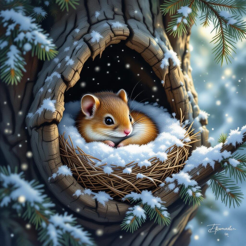 Dormouse in Cozy Nest Amidst Falling Snow