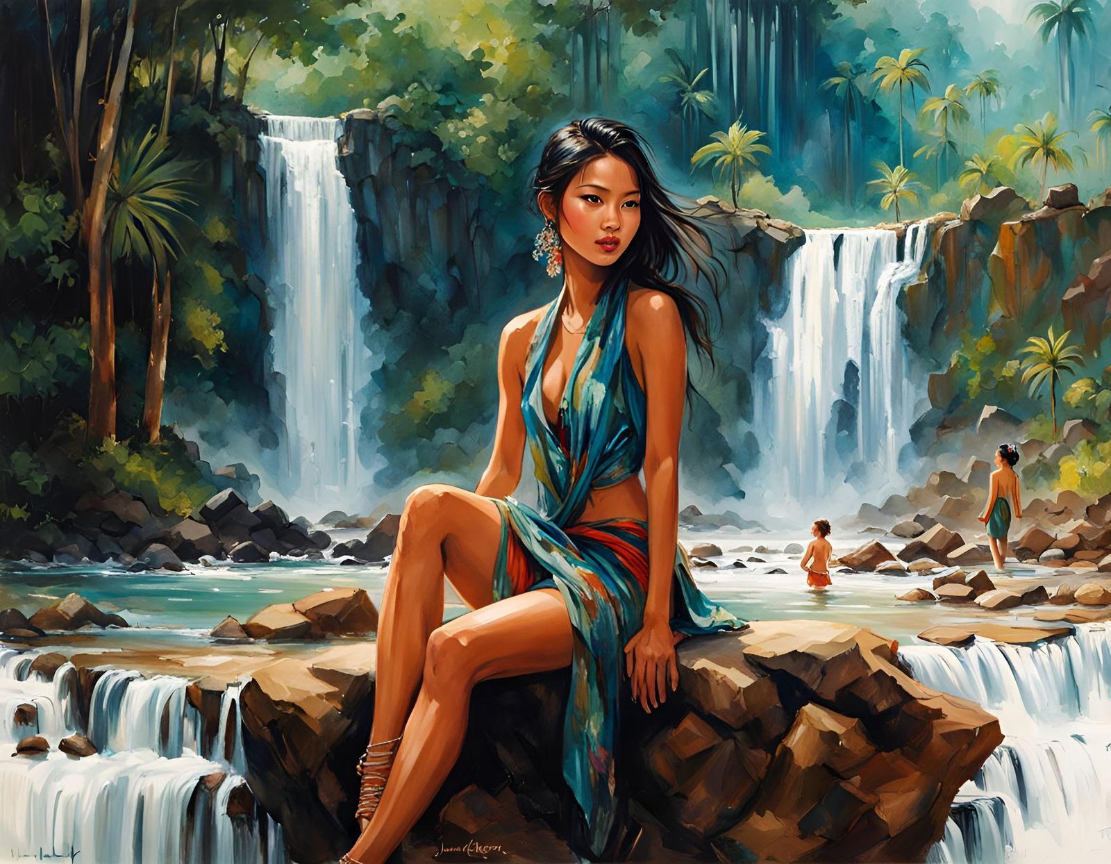 Beautiful Cambodian Girl Portrait with Tropical Waterfall