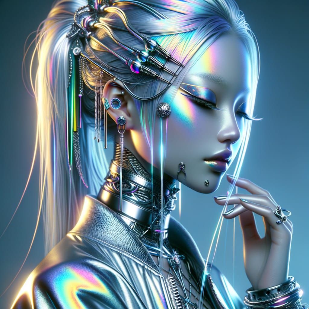 Cyberpunk Girl with Iridescent Skin and Chrome Hair