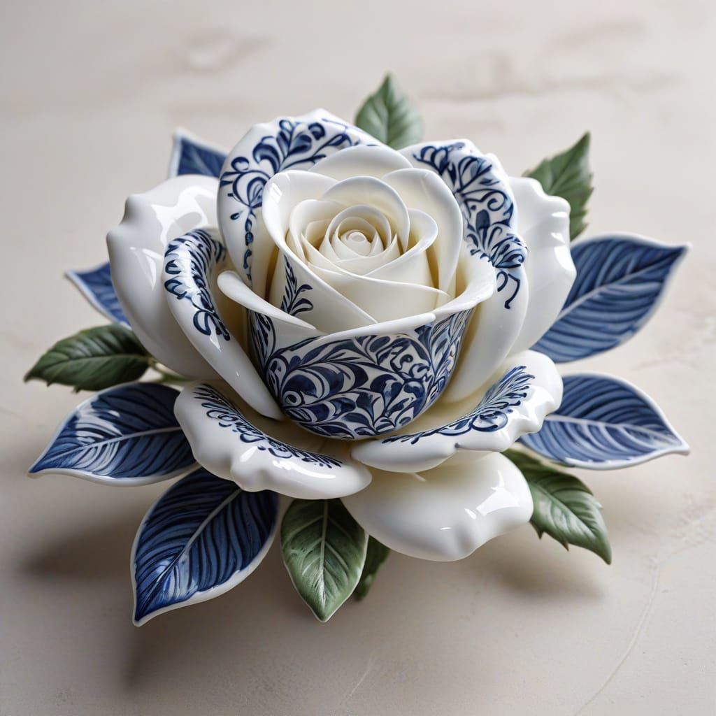 Stunning White Porcelain Rose with Delicate Blue Patterns