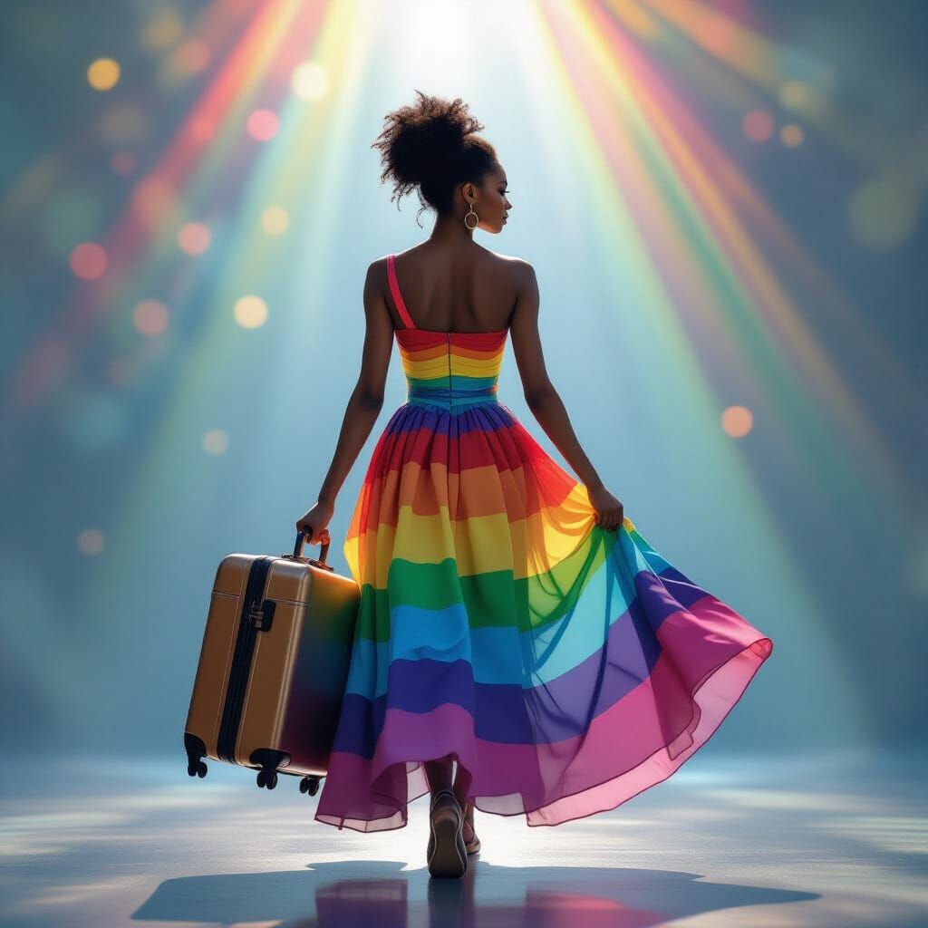 Woman with Rainbow Dress at Station in Fantasy Style