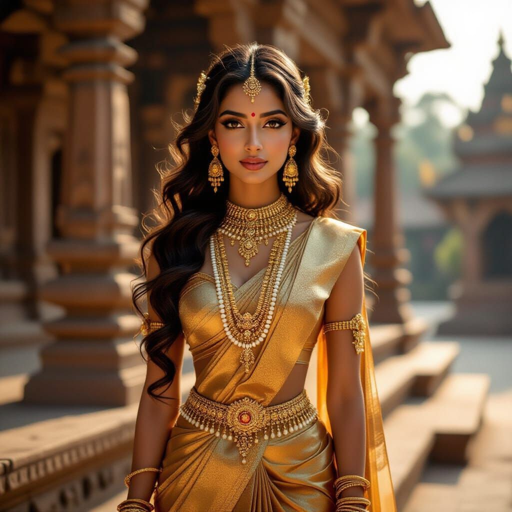 Hindu Apsara in Golden Sari and Jewels