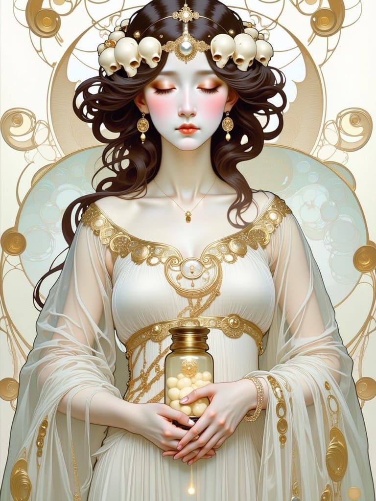 Ethereal Art Nouveau Goddess with Bird Skull Wreath and Baby...