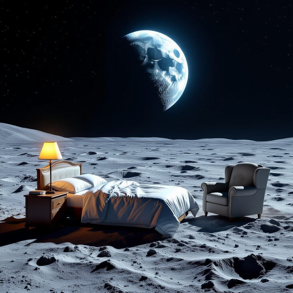 Surreal Lunar Bedroom: Bed, Armchair & Earth View