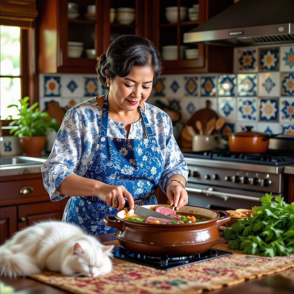 Singaporean Woman Prepares Dinner in Peranakan Kitchen