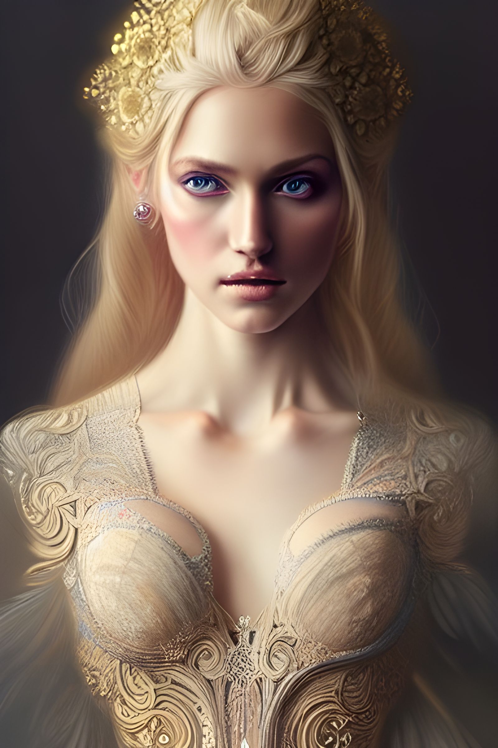 Detailed Blonde in Elaborate Gown, Digital Illustration