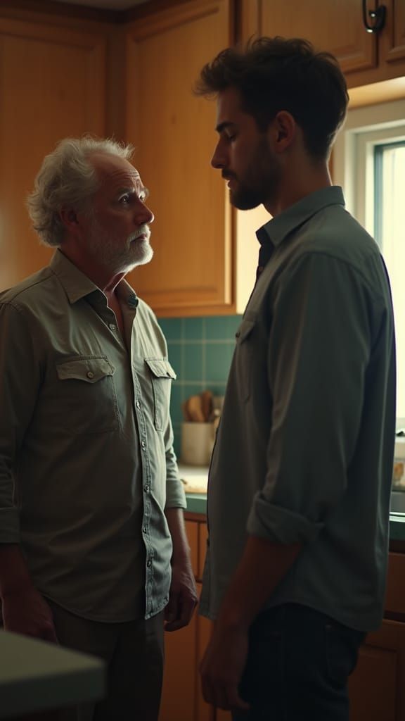 Father and Son Kitchen Talk: Cinematic Film Still