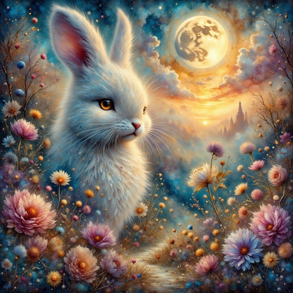 Fluffy White Bunny in Fantasy Klimt-Inspired Portrait