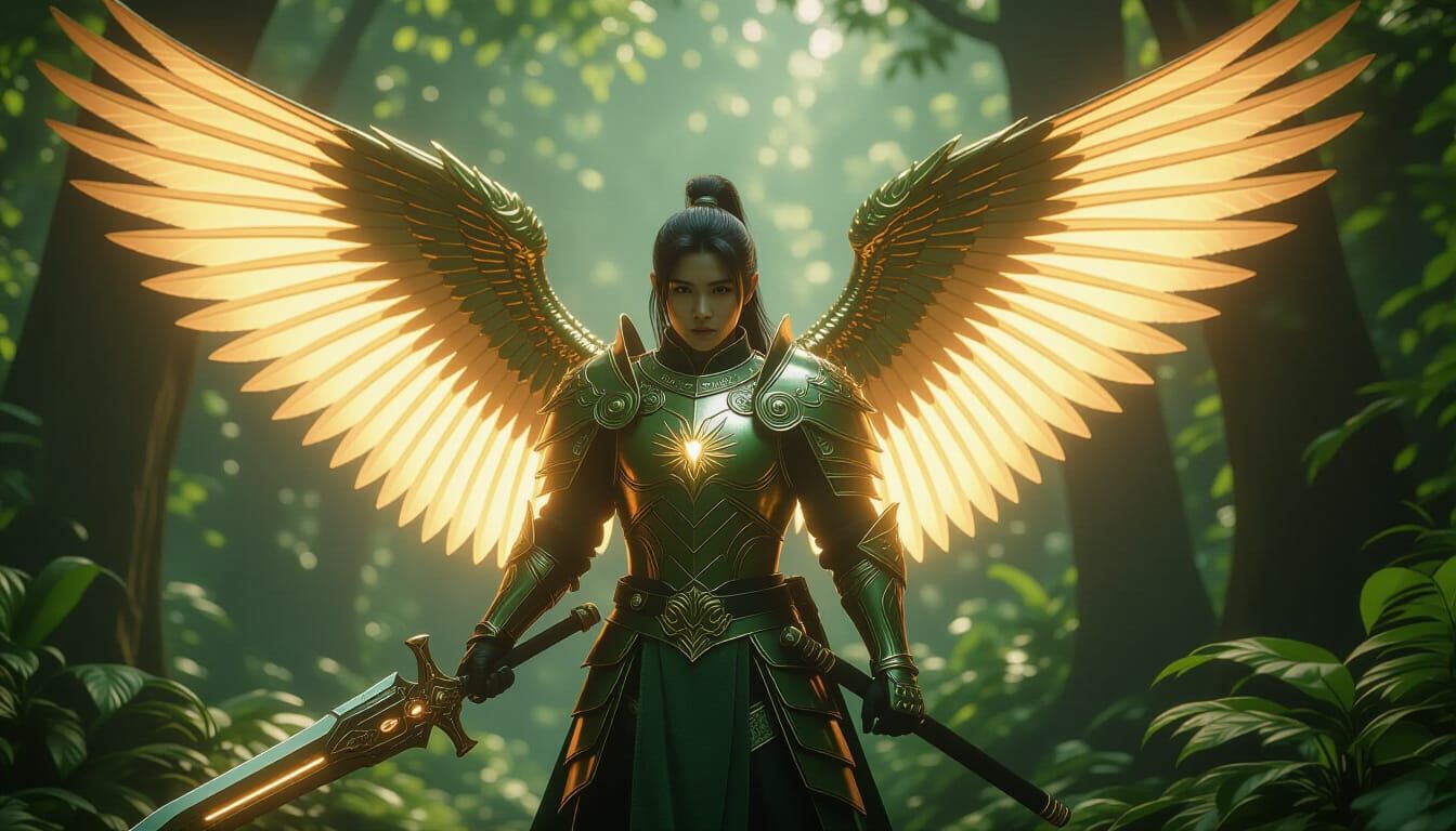Asian Knight with Angelic Wings in Lush Forest