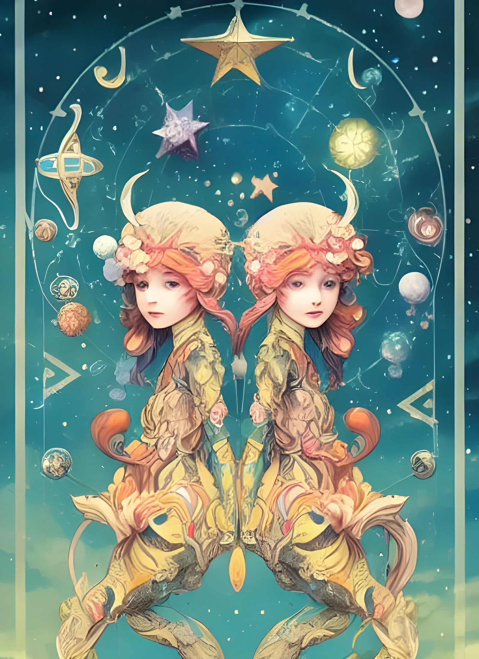 Gemini Twins Astrology Card in Fantasy Illustration Style