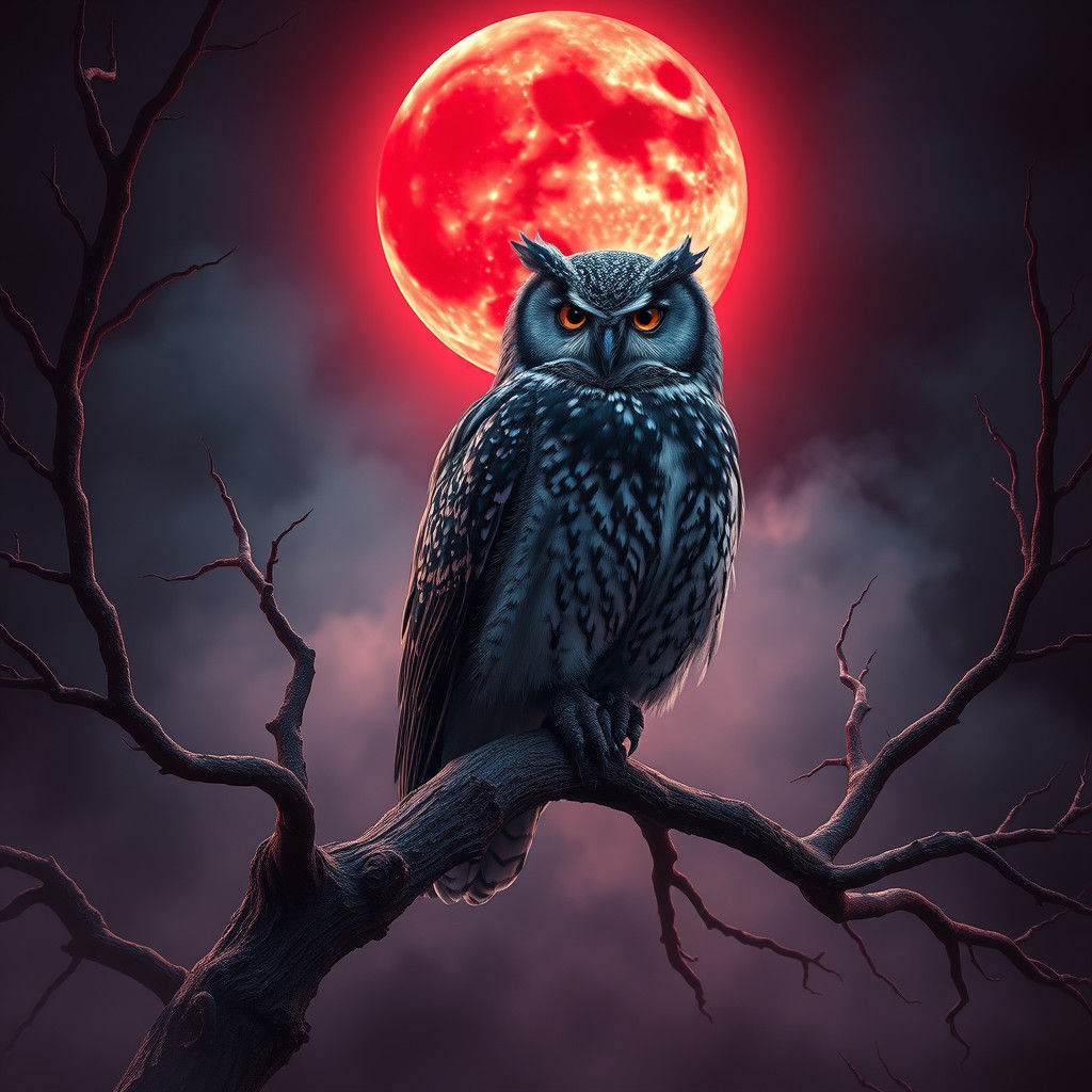 Owl Perched Under Eerie Blood Moon