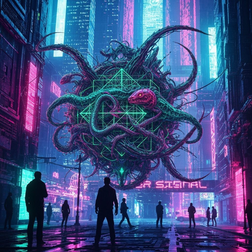 Cyberpunk Cityscape with Bio-Organic Creatures and Neon Ligh...