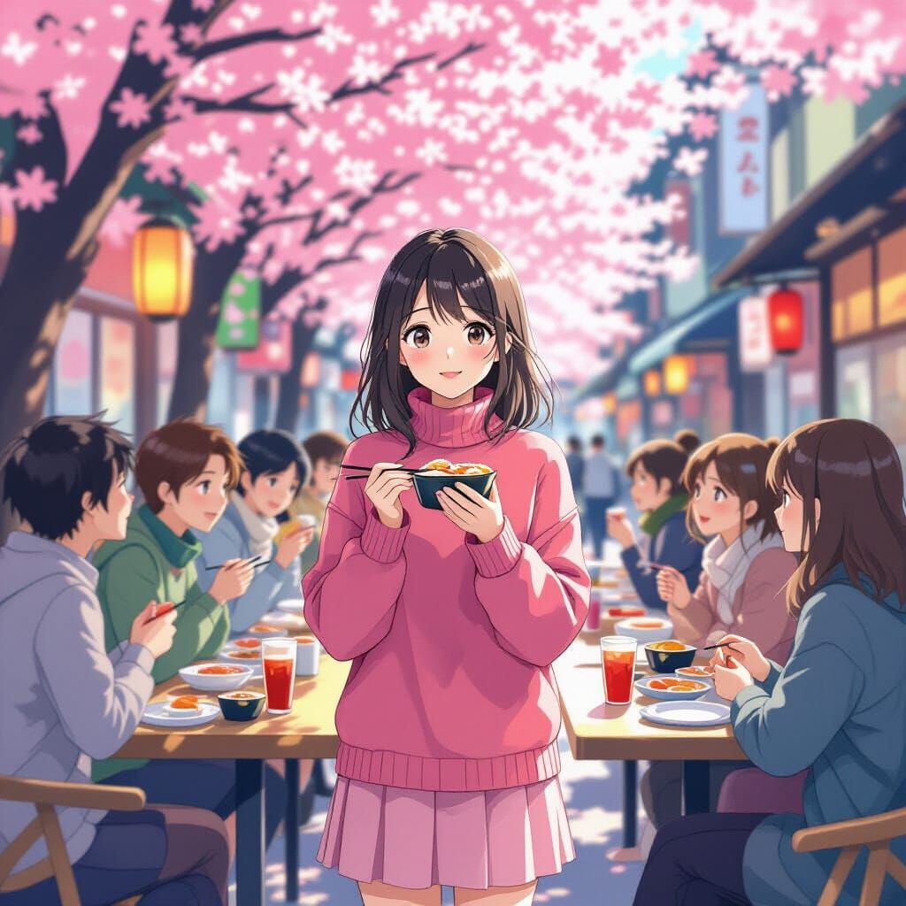 Anime Girl with Friends Eating Sushi in Tokyo