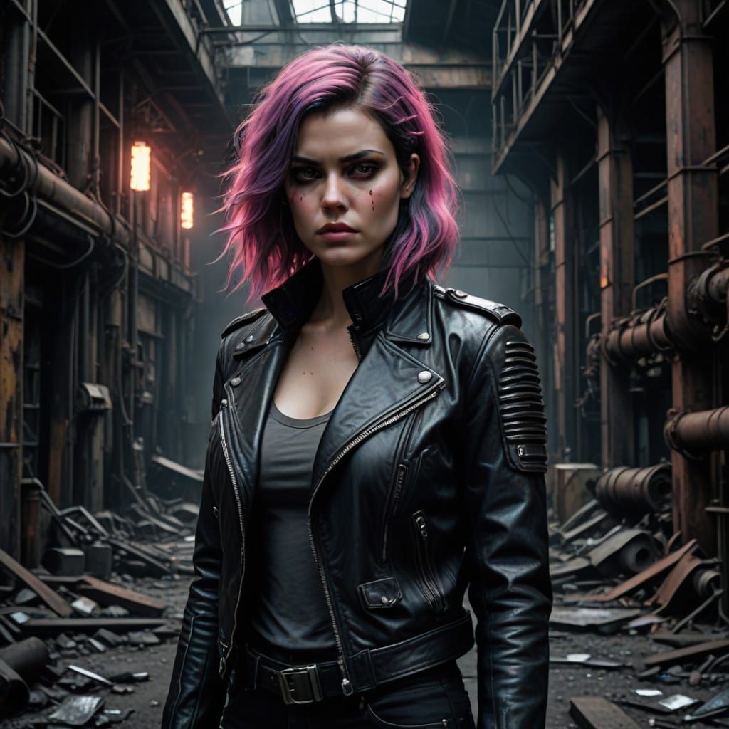 Young Woman Stands Strong in Cyberpunk Dystopia