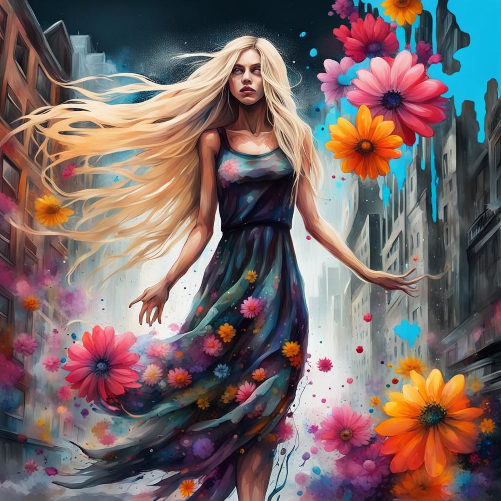 Ethereal Woman in Floral Dress: Graffiti Art