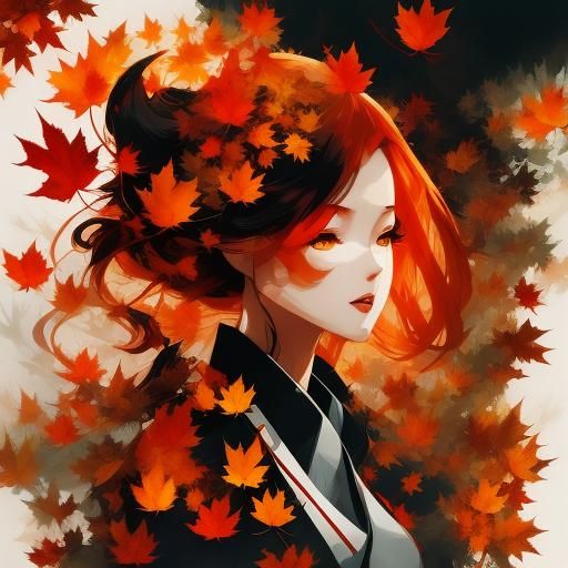 Beautiful Kitsune in Autumn Forest, Manhwa Double Exposure