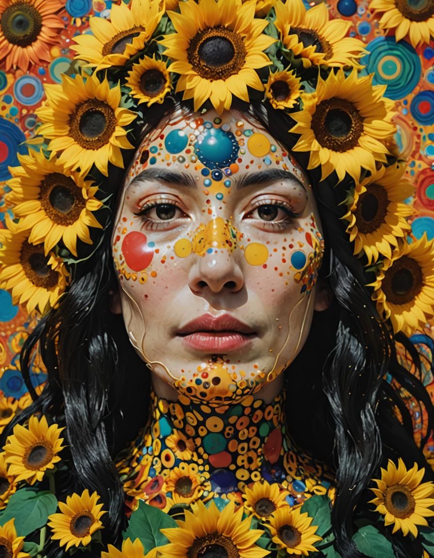 Sunflower Crown Veiled Face in Psychedelic Acrylic Pour