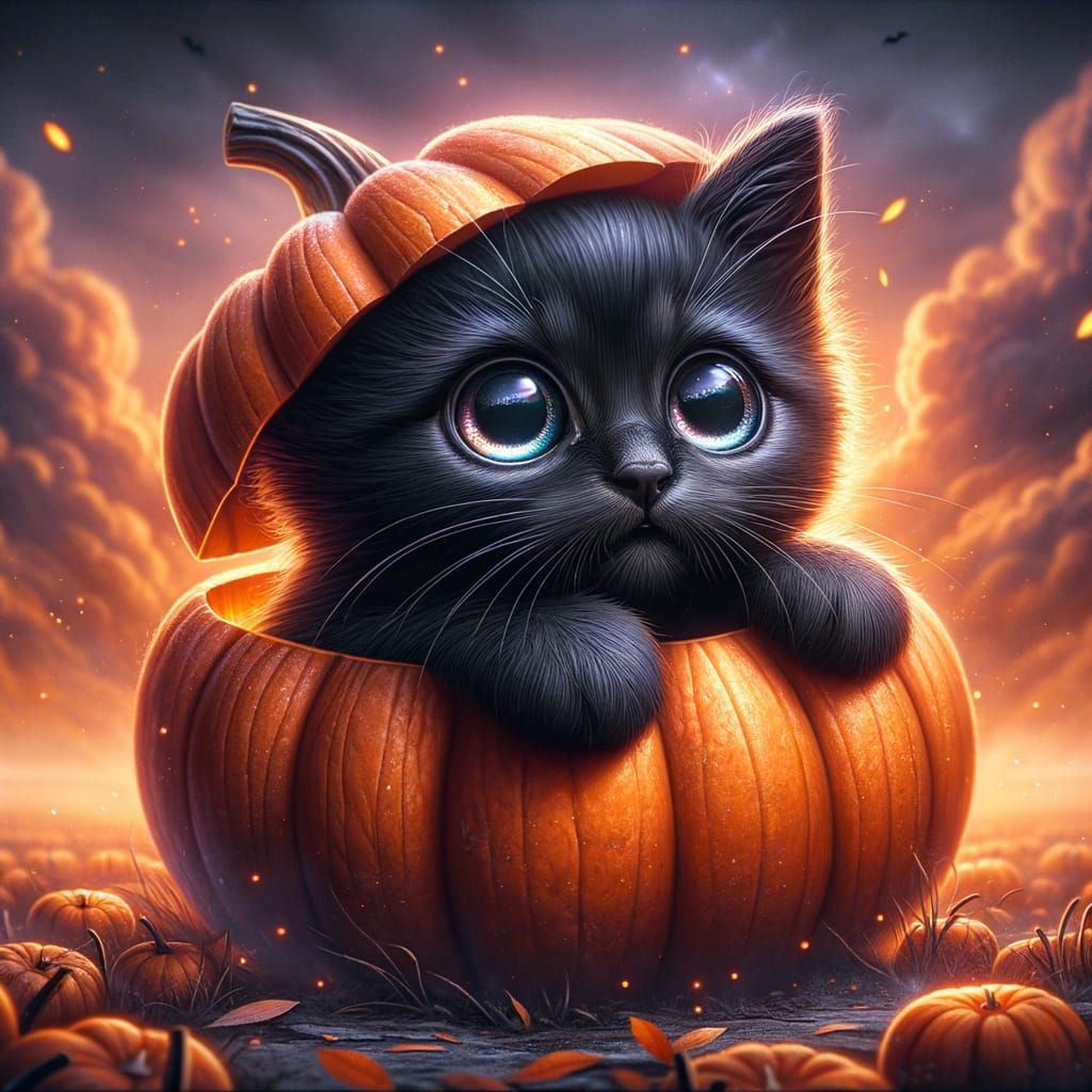 Black Kitten Peeking From Pumpkin, Whimsical Maximalist Art