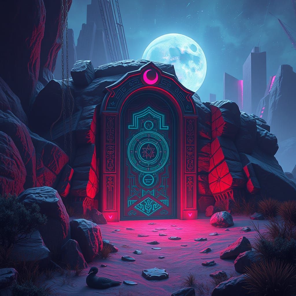 Mysterious Door Appears in Surreal Futuristic Landscape