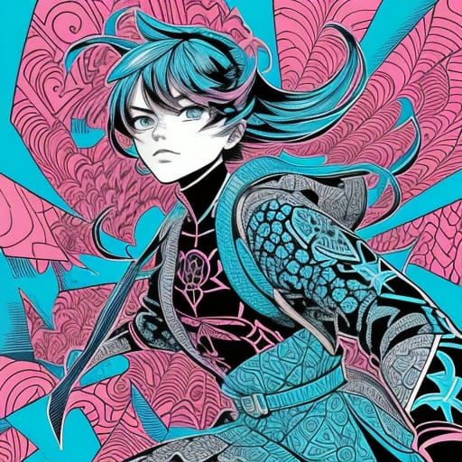 Angular Monochromatic Comic Artwork in Vibrant Pink and Blue