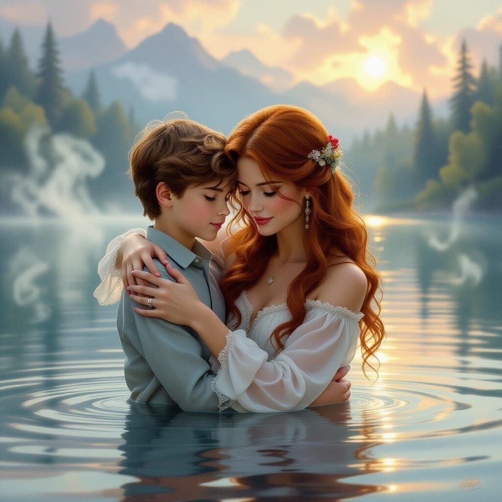 Boy and Woman Embrace by Lake in Ethereal Light