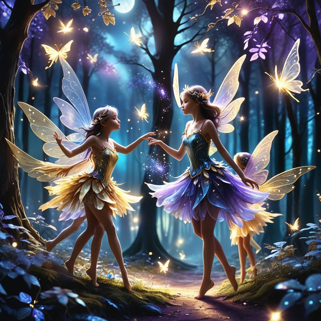 Fairies Dancing in Moonlit Forest: Digital Fantasy Art