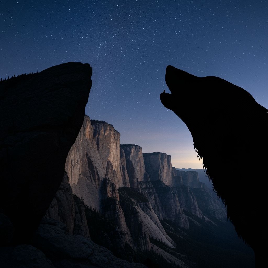 Wolf Silhouette Framing Moonlit Cliff View