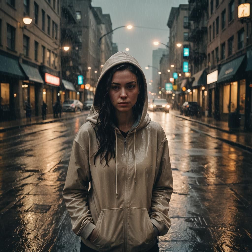 Young Woman in Hoodie Stands in Rainy City