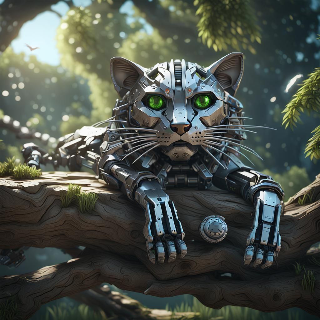 Futuristic Fishing Cat in Tree, Sci-Fi Render