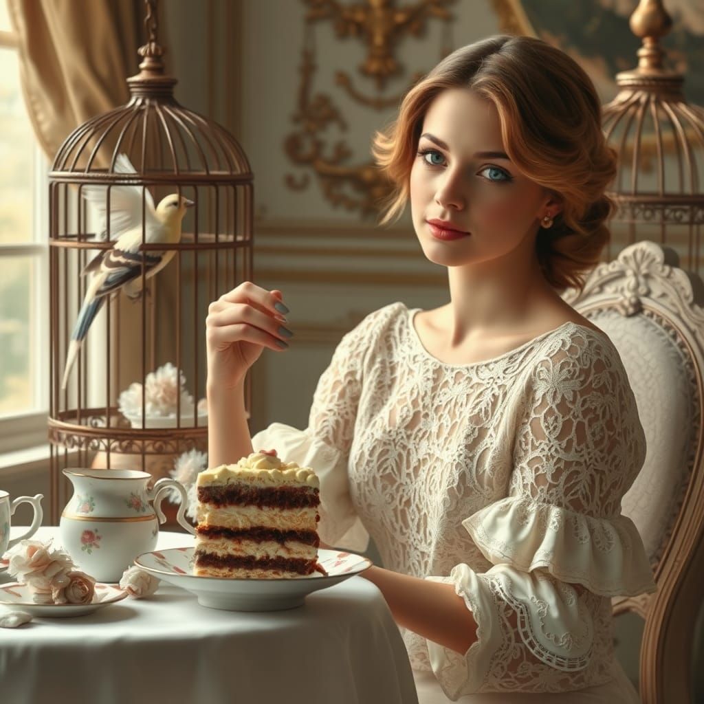 Elegant Woman's Afternoon Snack with Birdcage
