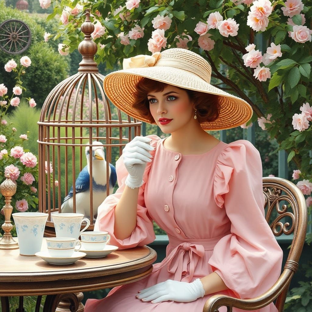 Elegant Woman's Garden Tea Party in Impressionist Style