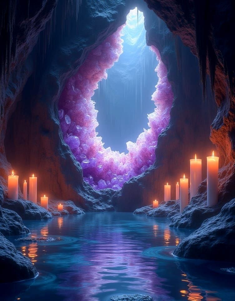 Mystical Grotto with Crystalline Geode, Fantasy Art