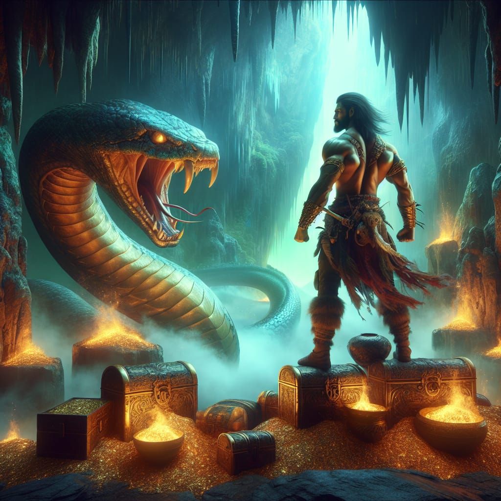 Tribal Warrior and Serpent in Mystical Cave