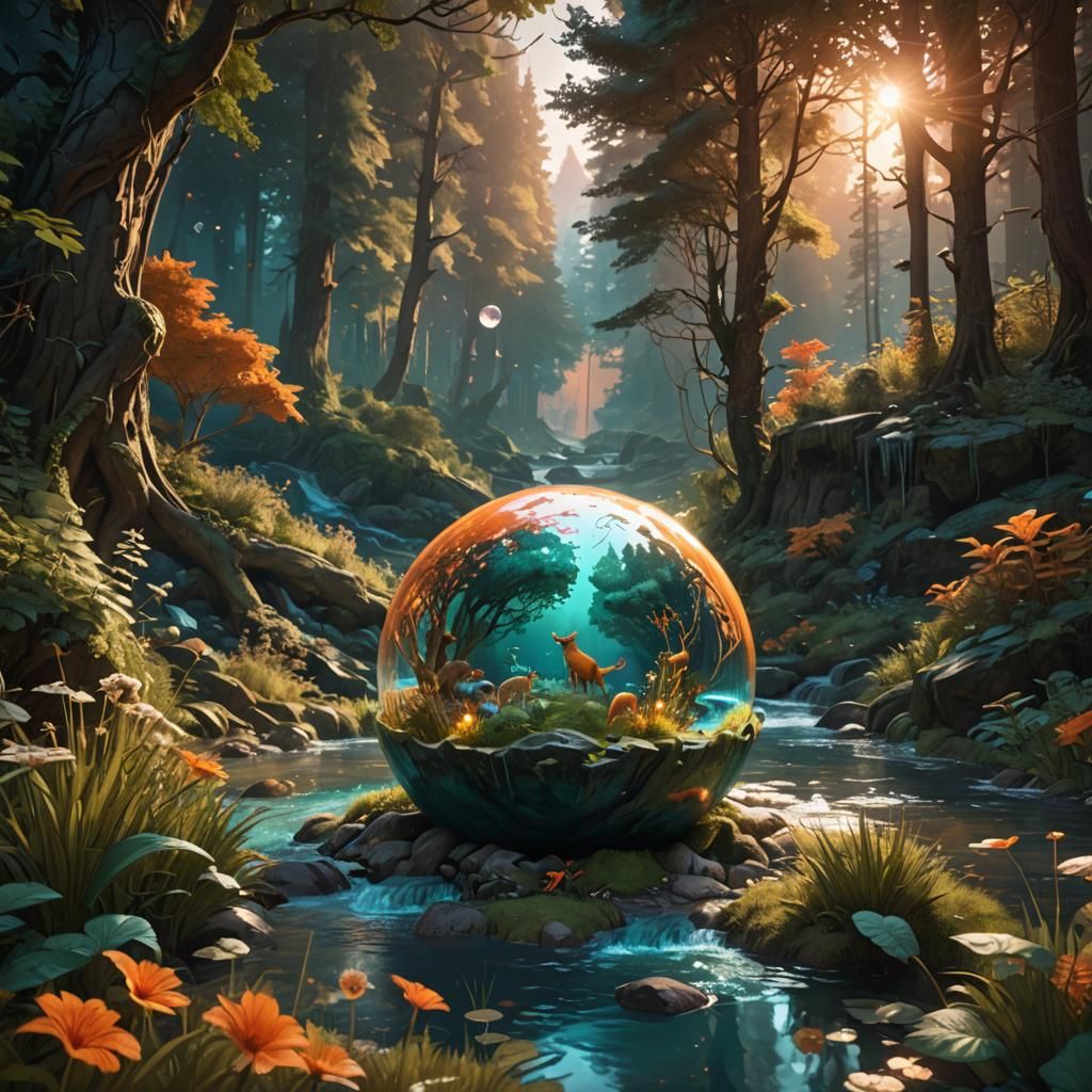 Forest Sphere with Animals and Sunset
