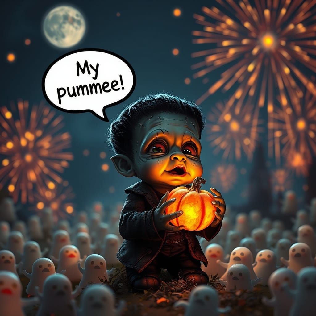 "A cute and small adorable baby detailed Frankenstein creature with cute surrounded by tiny white ghosts holding a glowi...