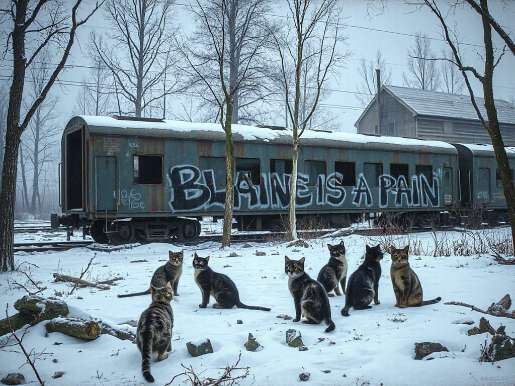 Feral Cats Inhabit Abandoned Train Yard, Dystopian Hyperreal...