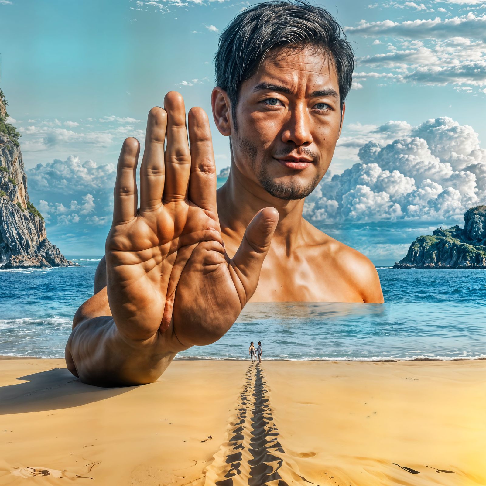 Asian Man Signals Stop on Serene Beach