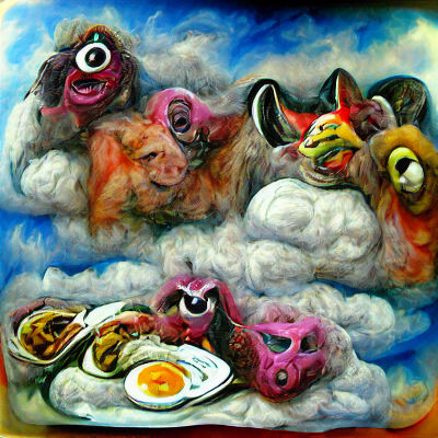 Furbys Feasting in the Clouds: Colorful Mixed Media Art