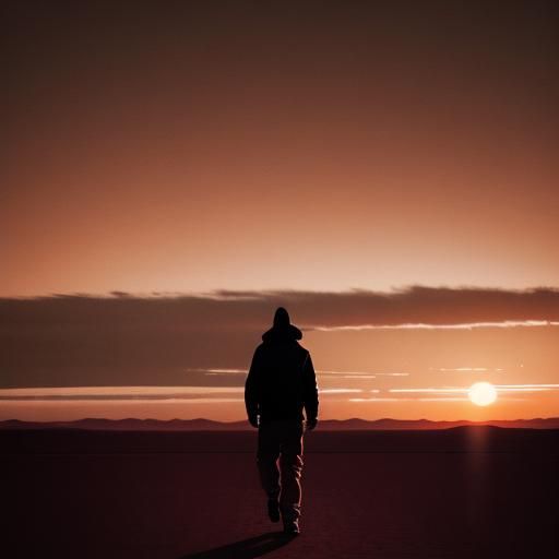 Lonely Figure Walks into Desert Sunset