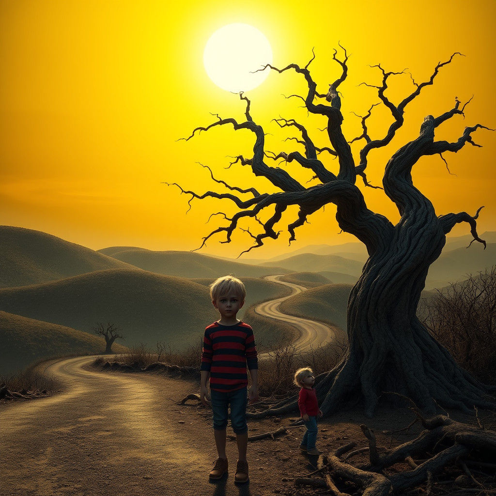 Eerie Children by Ancient Tree: Dark Surrealist Art
