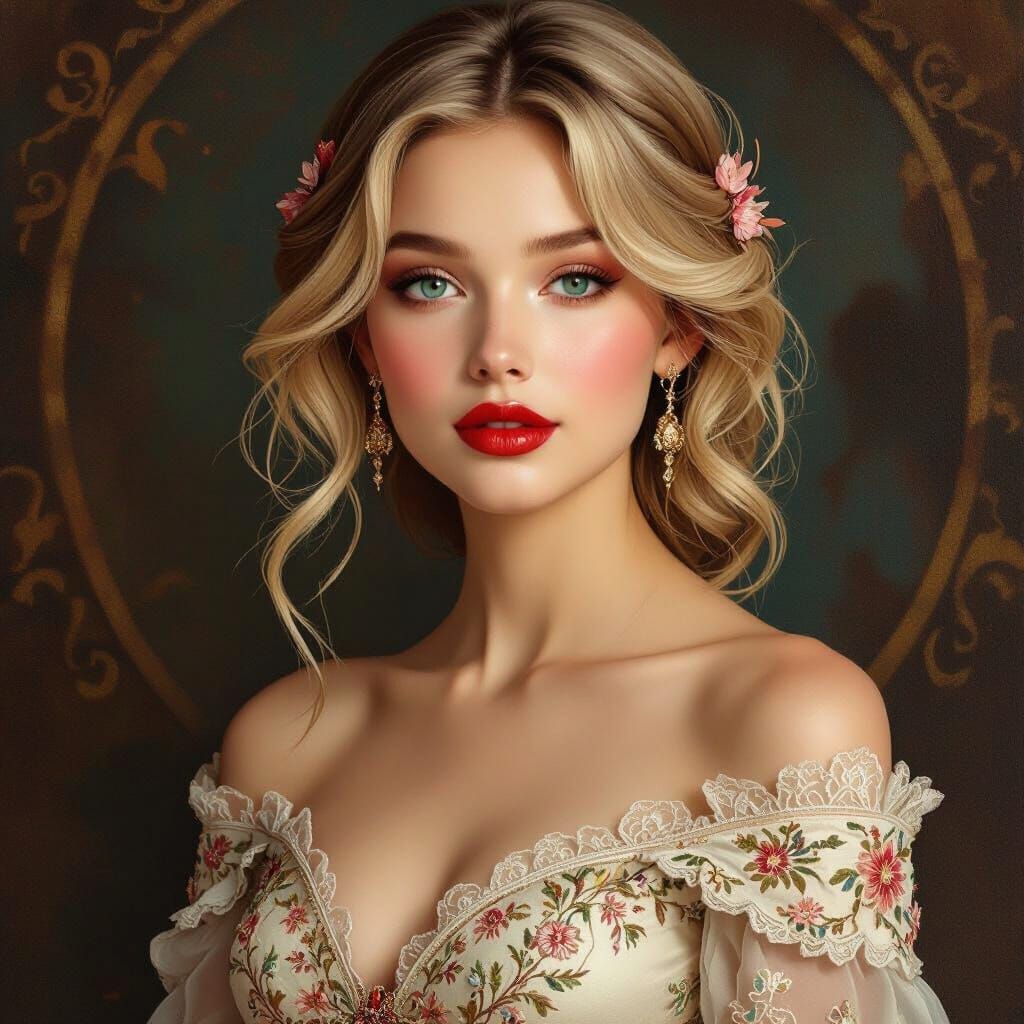 Elegant Woman in Vintage Gown, Digital Art
