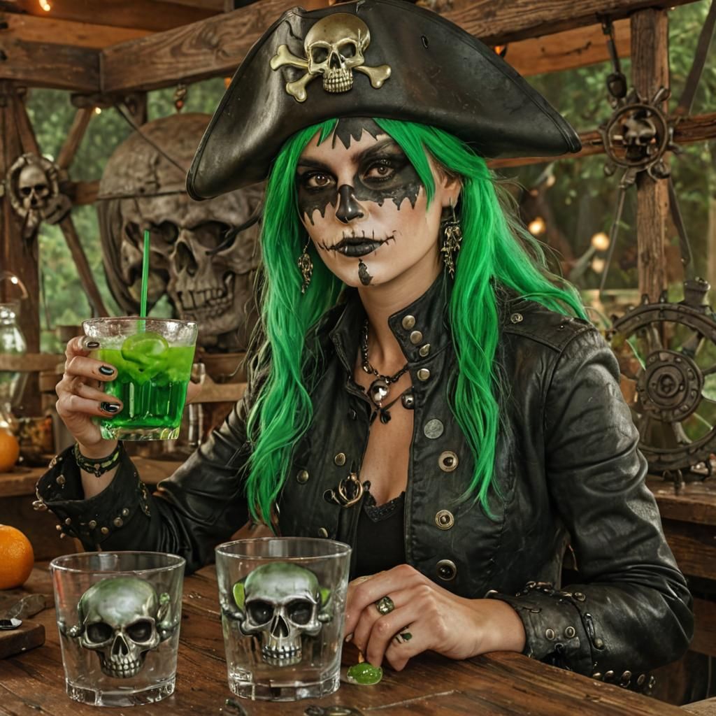 Green-Haired Pirate with Skull Glass, Digital Art