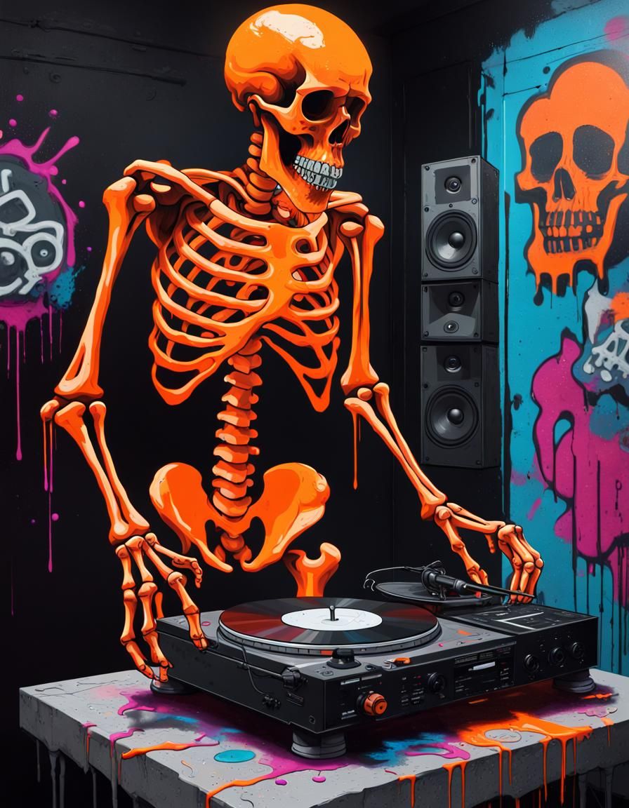 Neon Skeleton Listens in Graffiti Splash Art Style